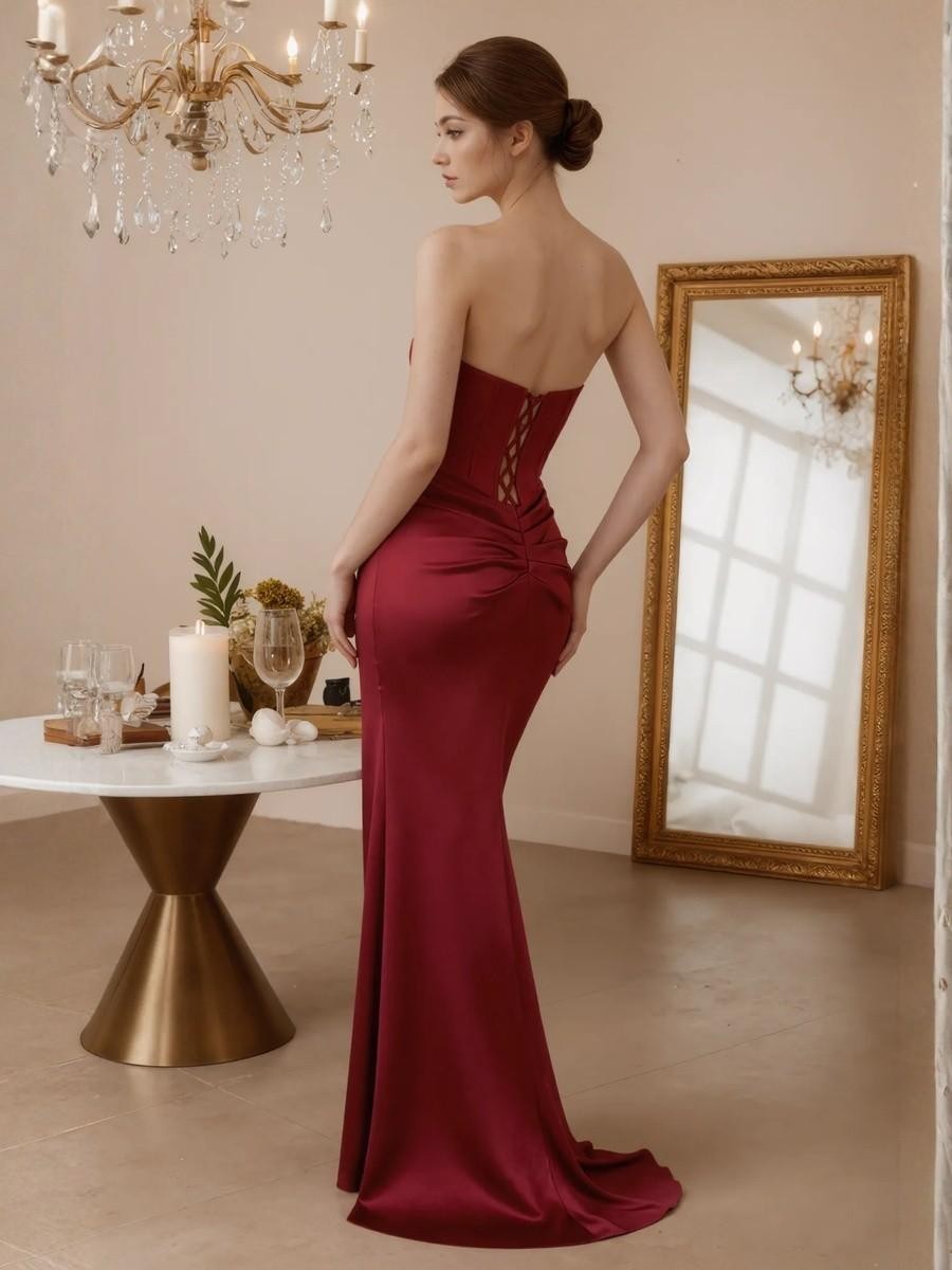 Mermaid Strapless Satin Floor-Length Twist Front Formal Evening Gown