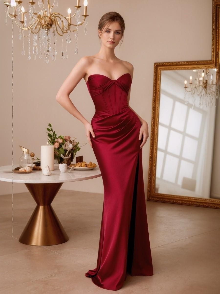Mermaid Strapless Satin Floor-Length Twist Front Formal Evening Gown