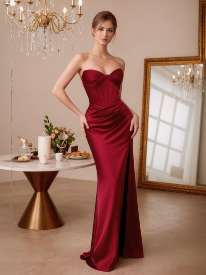 Mermaid Strapless Satin Floor-Length Twist Front Formal Evening Gown
