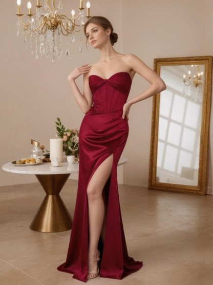 Mermaid Strapless Satin Floor-Length Twist Front Formal Evening Gown