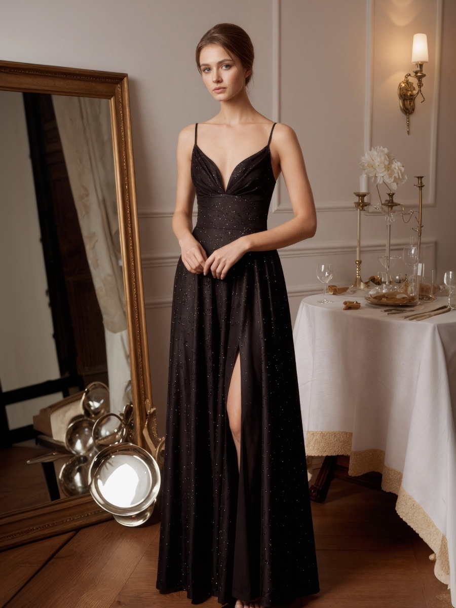 A-Line V-Neck Chiffon Floor-Length High Slit Formal Evening Gown