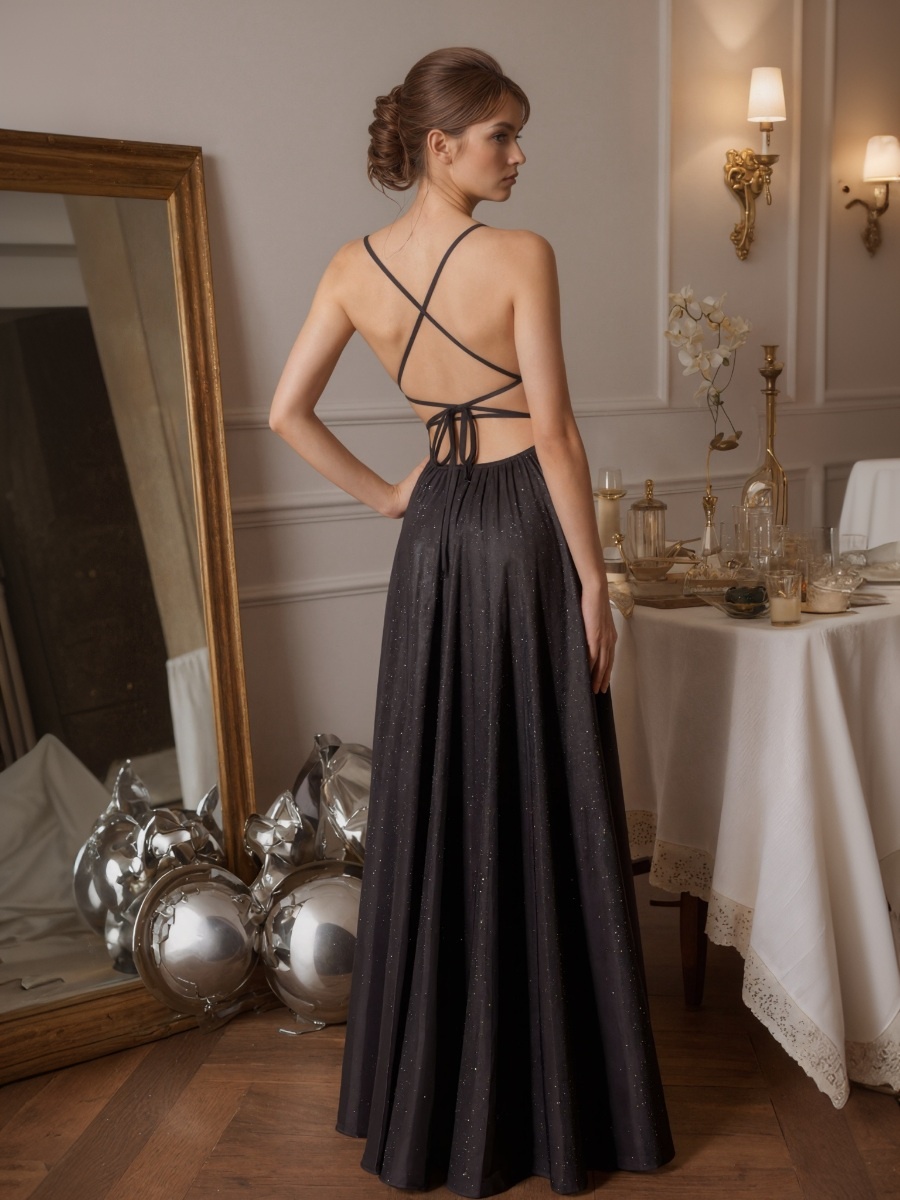 A-Line V-Neck Chiffon Floor-Length High Slit Formal Evening Gown