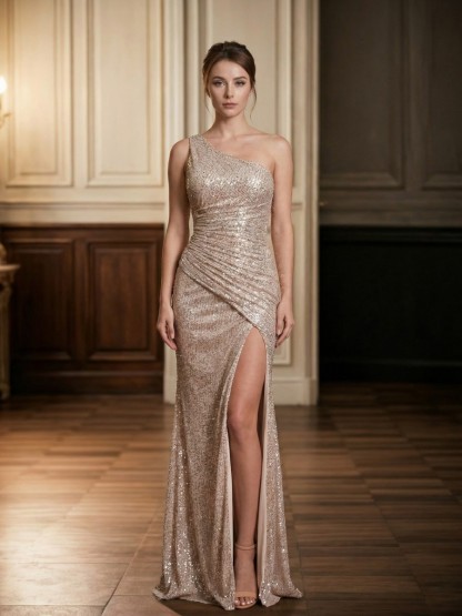 Mermaid One-Shoulder Sequins Floor-Length Ruched Formal Evening Gown