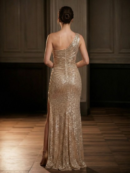 Mermaid One-Shoulder Sequins Floor-Length Ruched Formal Evening Gown