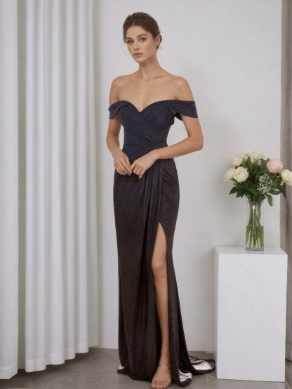 Mermaid Off-the-Shoulder Satin Floor-Length Ruched Formal Evening Gown