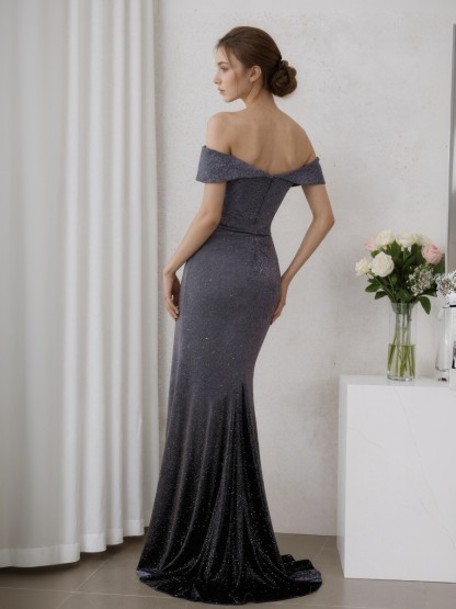 Mermaid Off-the-Shoulder Satin Floor-Length Ruched Formal Evening Gown