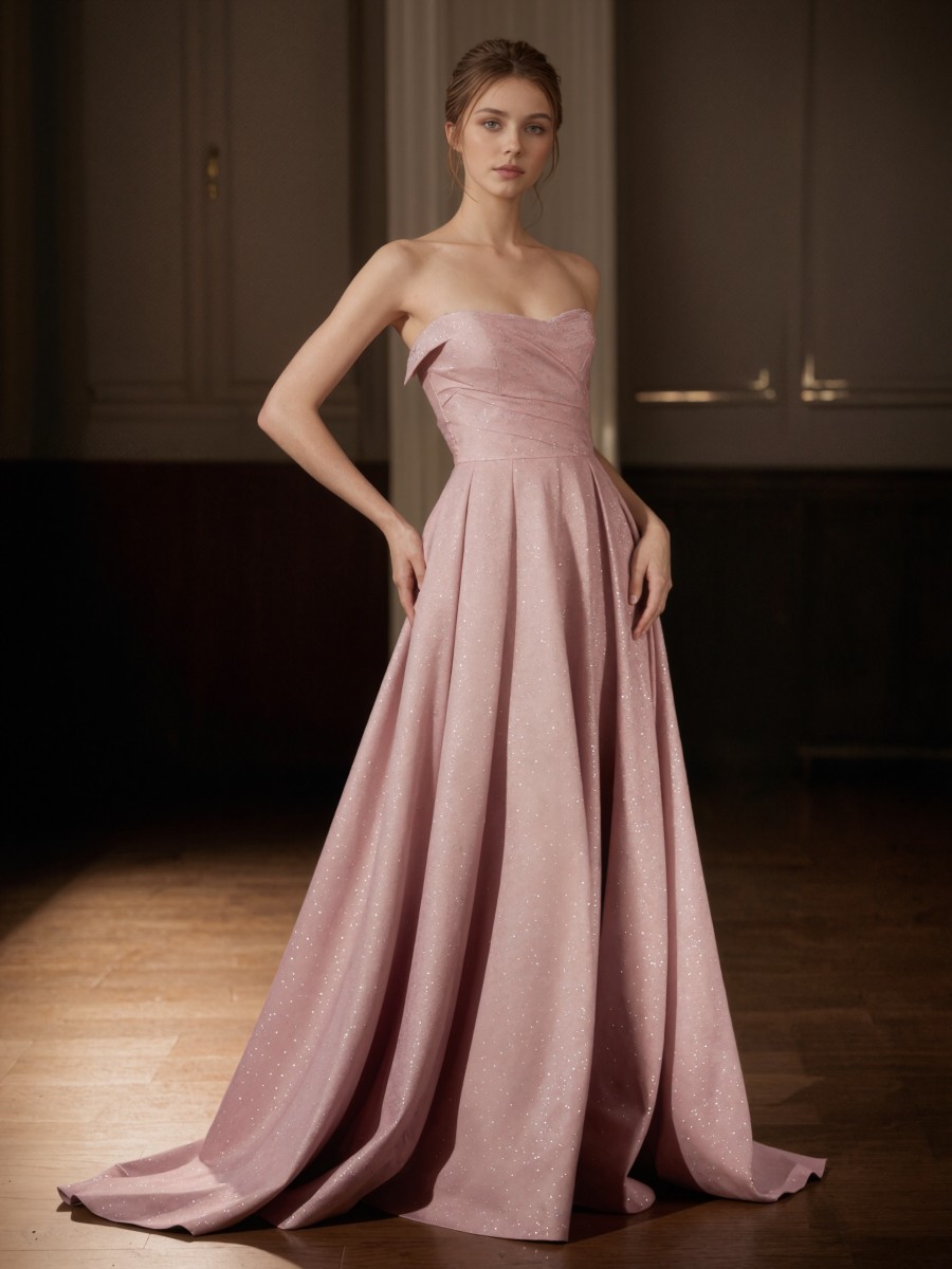 A-Line Strapless Satin Floor-Length Glitter Formal Evening Gown