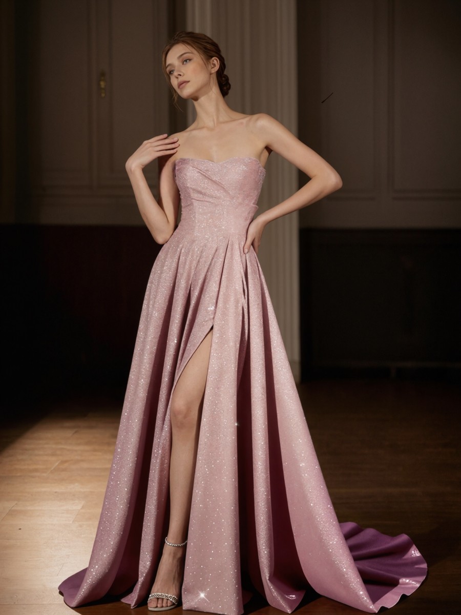 A-Line Strapless Satin Floor-Length Glitter Formal Evening Gown