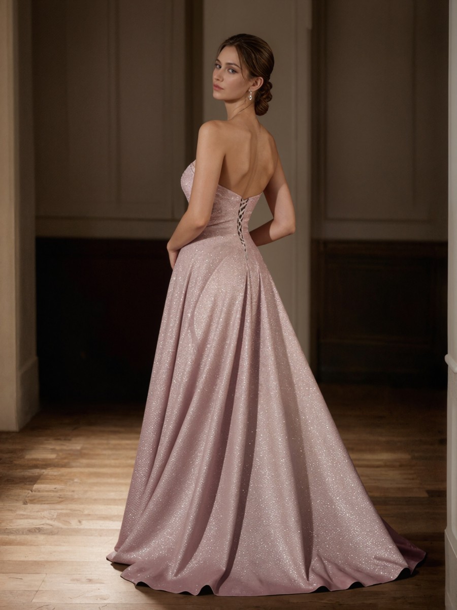 A-Line Strapless Satin Floor-Length Glitter Formal Evening Gown