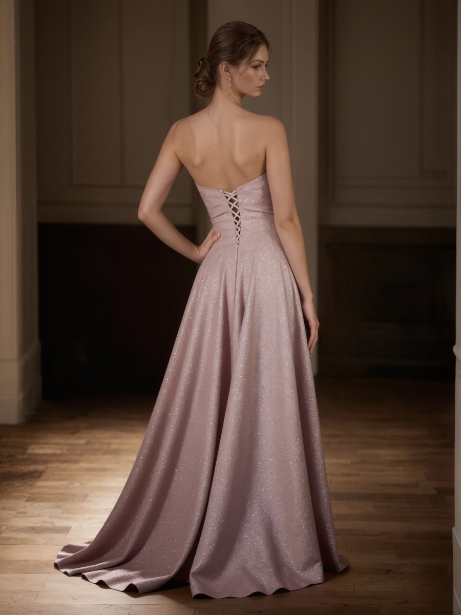 A-Line Strapless Satin Floor-Length Glitter Formal Evening Gown