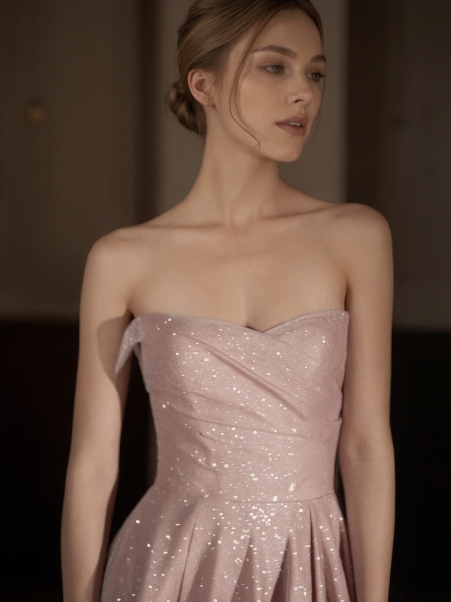 A-Line Strapless Satin Floor-Length Glitter Formal Evening Gown