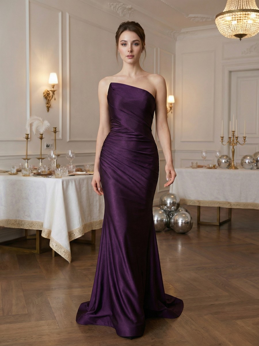 Mermaid One-Shoulder Satin Floor-Length Ruched Formal Evening Gown