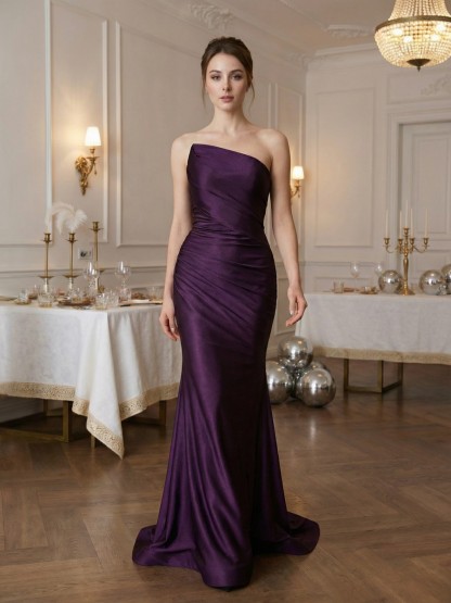 Mermaid One-Shoulder Satin Floor-Length Ruched Formal Evening Gown