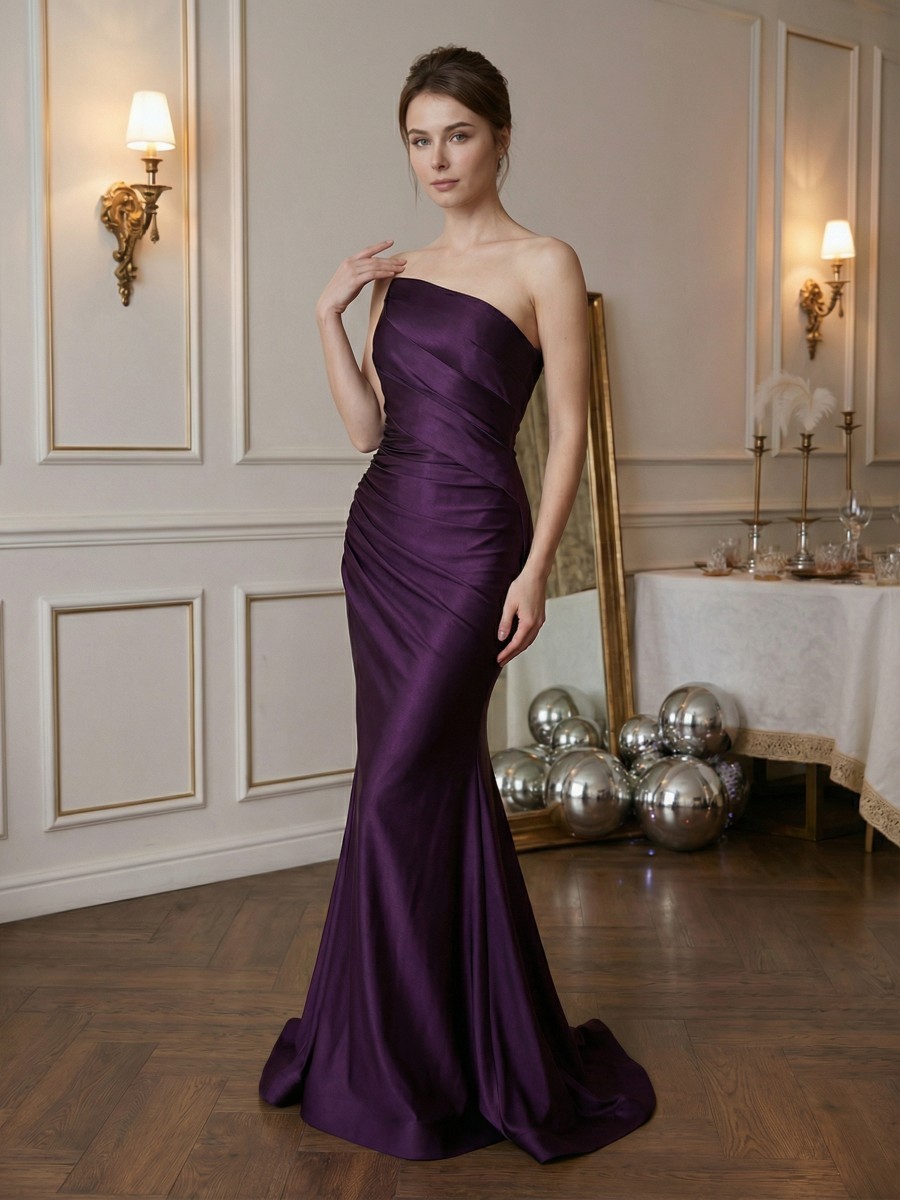 Mermaid One-Shoulder Satin Floor-Length Ruched Formal Evening Gown
