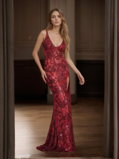 Mermaid V-Neck Sequins Floor-Length High Slit Formal Evening Gown
