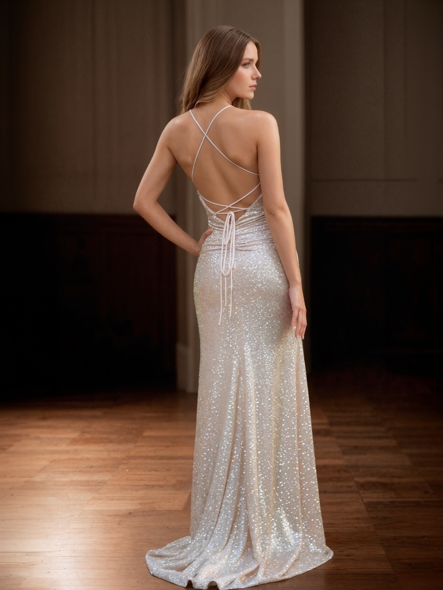 Mermaid V-Neck Sequins Floor-Length High Slit Formal Evening Gown