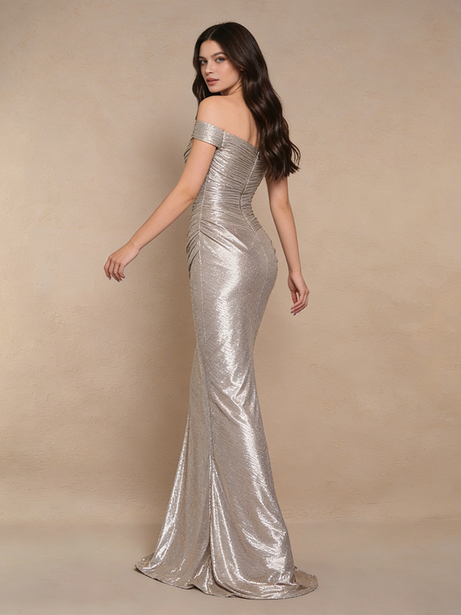 Sexy Sheath Off-the-Shoulder Metallic Pleated Floor-Length Ruched Evening Dress