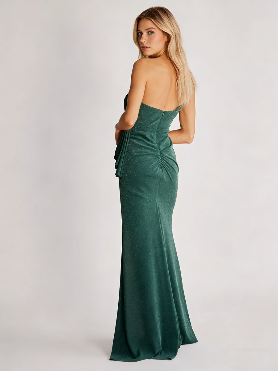 Sexy Mermaid One-Shoulder Metallic Floor-Length Cutout High-Slit Evening Dress