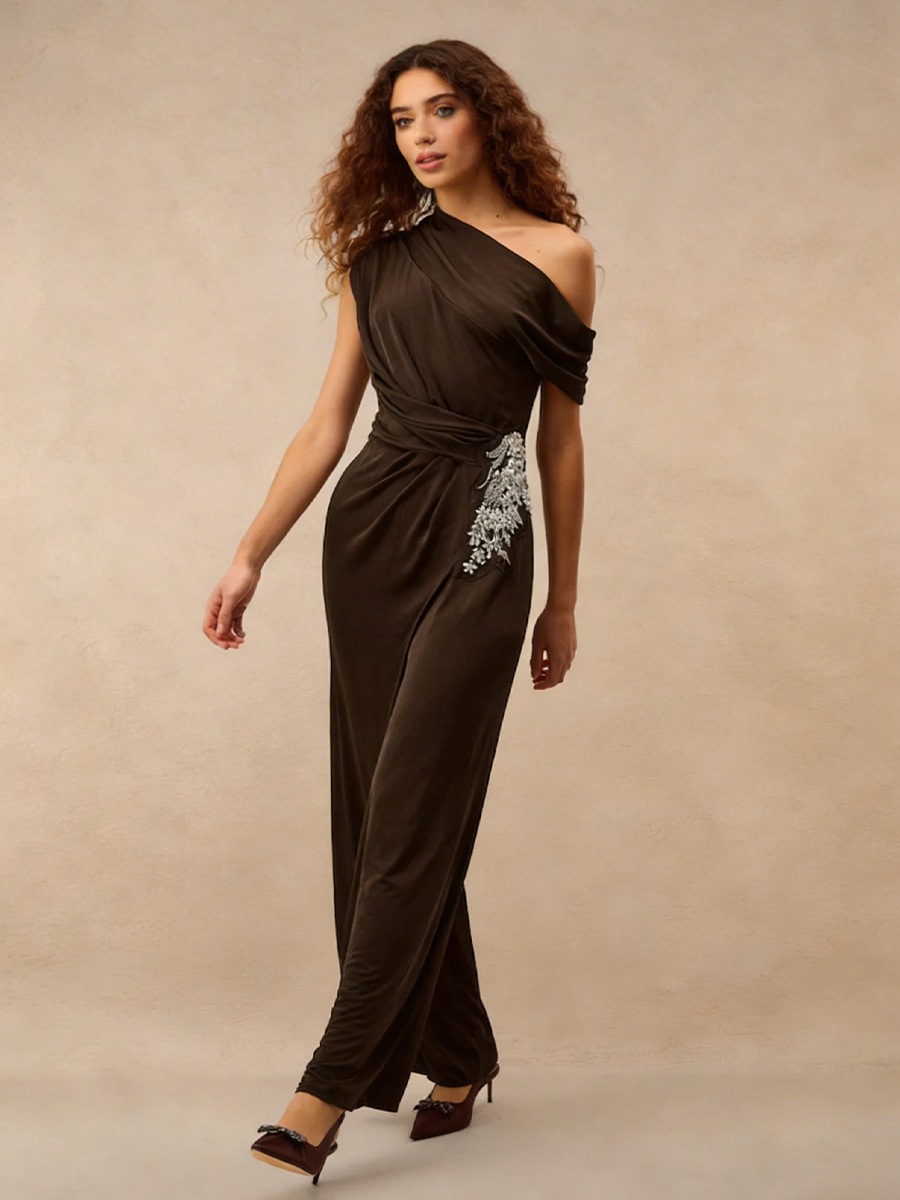 Elegant A-Line One-Shoulder Floor-Length Beaded Evening Dress