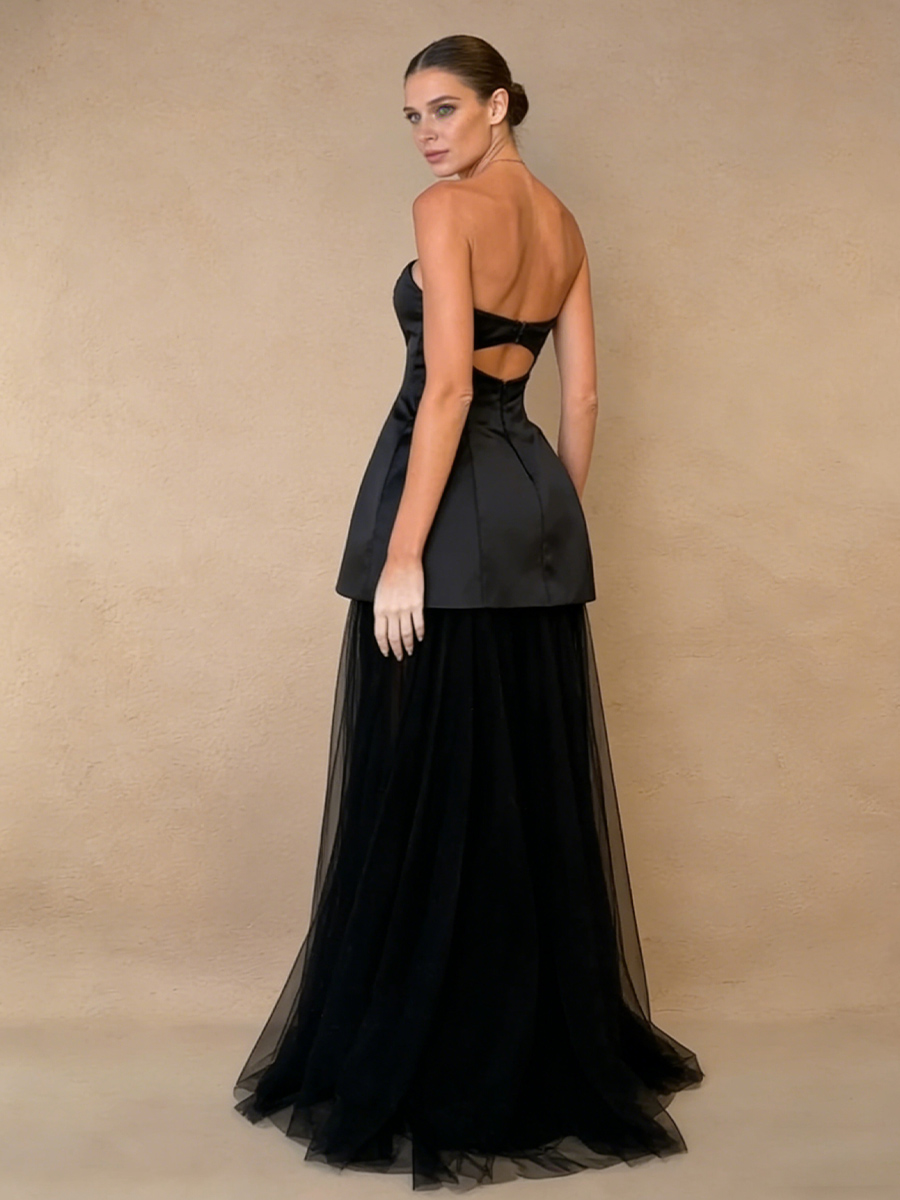 A-Line Strapless Satin & Tulle Floor-Length Illusion Evening Dress