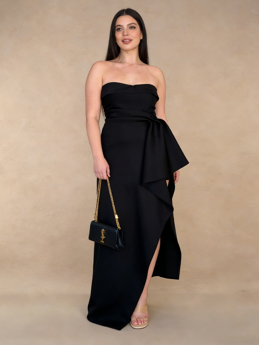 Elegant Sheath Strapless Satin Floor-Length Oversized Ruffle High-Slit Evening Dress