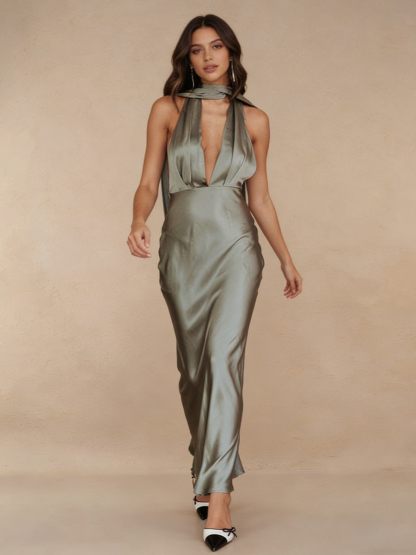 Sexy Mermaid Halter Satin Floor-Length Cutout Open-Back Evening Dress