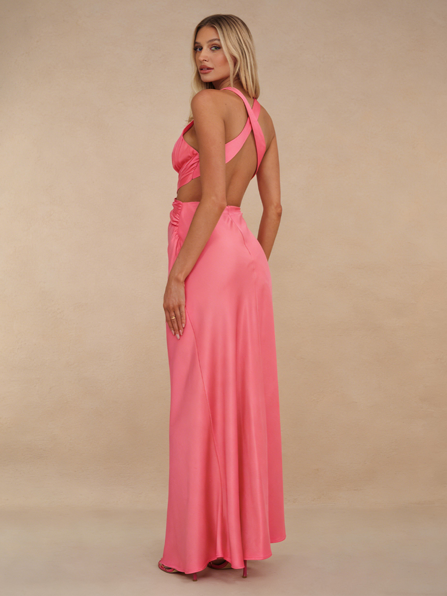 Sexy Halter Satin Floor-Length Twist-Front Cutout Open-Back Evening Dress