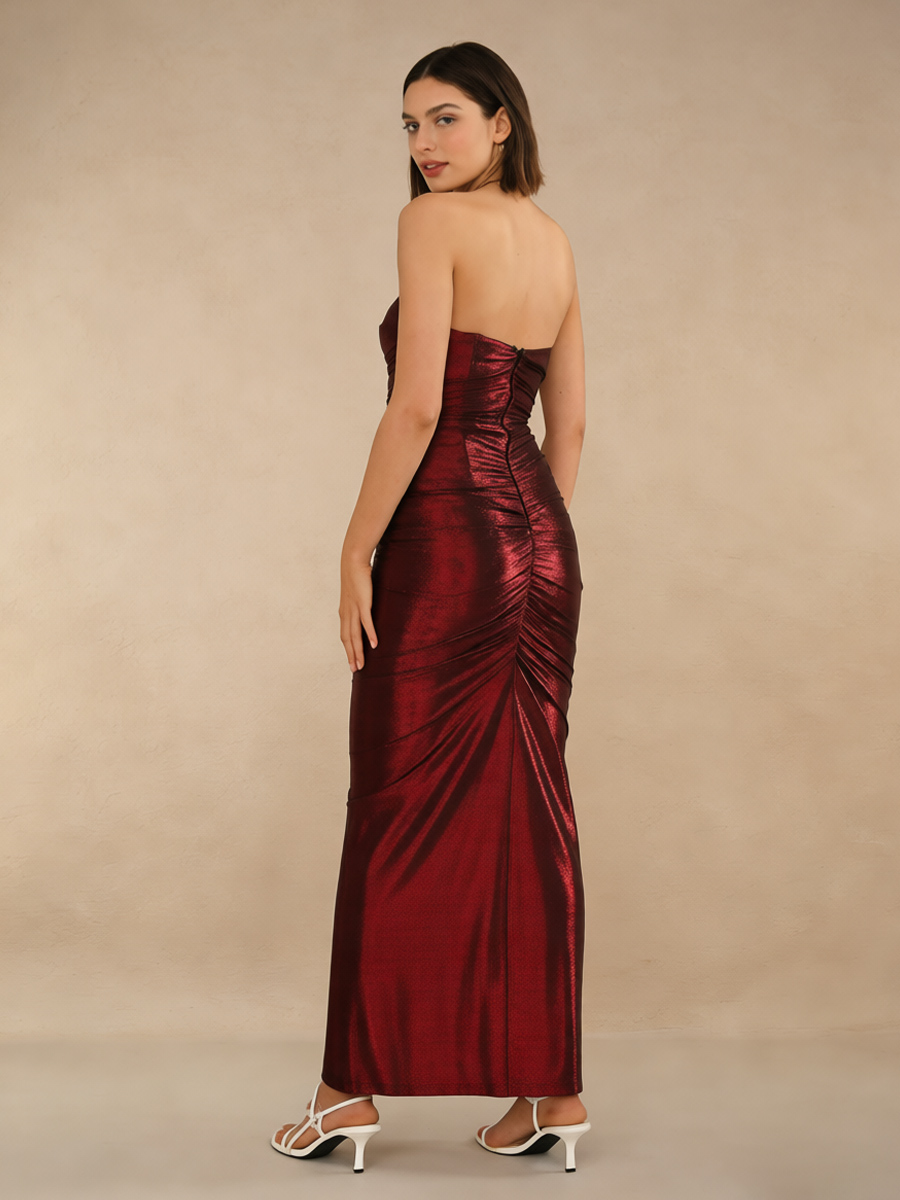 Sexy Mermaid Strapless Metallic Floor-Length Ruched High-Slit Evening Dress