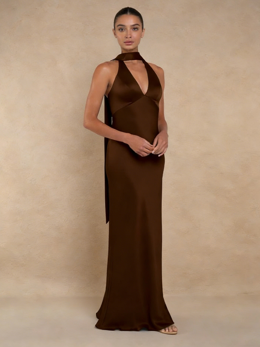 Mermaid Halter Satin Floor-Length Formal Evening Gown