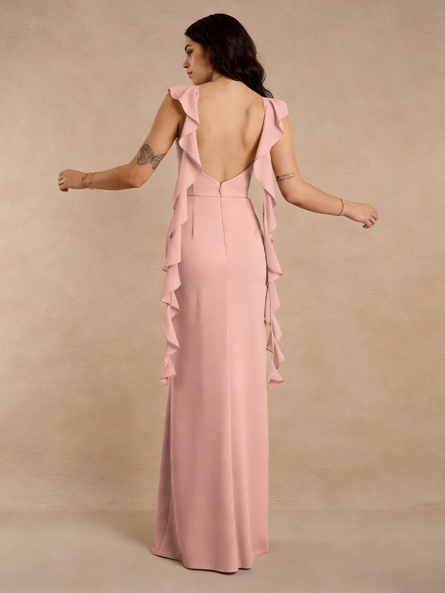 Sheath Crew Neck Chiffon Floor-Length Flutter Sleeve High Slit Formal Evening Gown