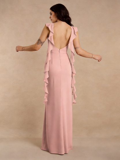 Sheath Crew Neck Chiffon Floor-Length Flutter Sleeve High Slit Formal Evening Gown