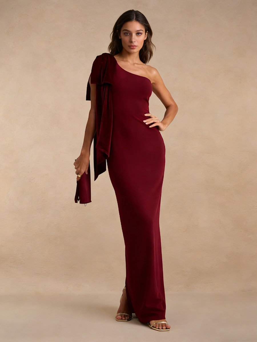 Mermaid One-Shoulder Velvet Floor-Length Bow Accent Formal Evening Gown