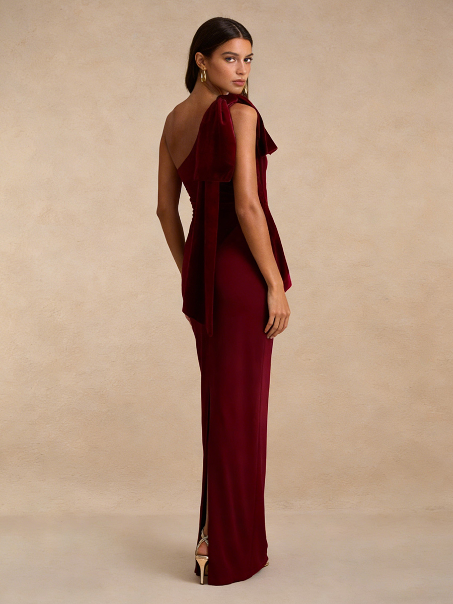 Mermaid One-Shoulder Velvet Floor-Length Bow Accent Formal Evening Gown