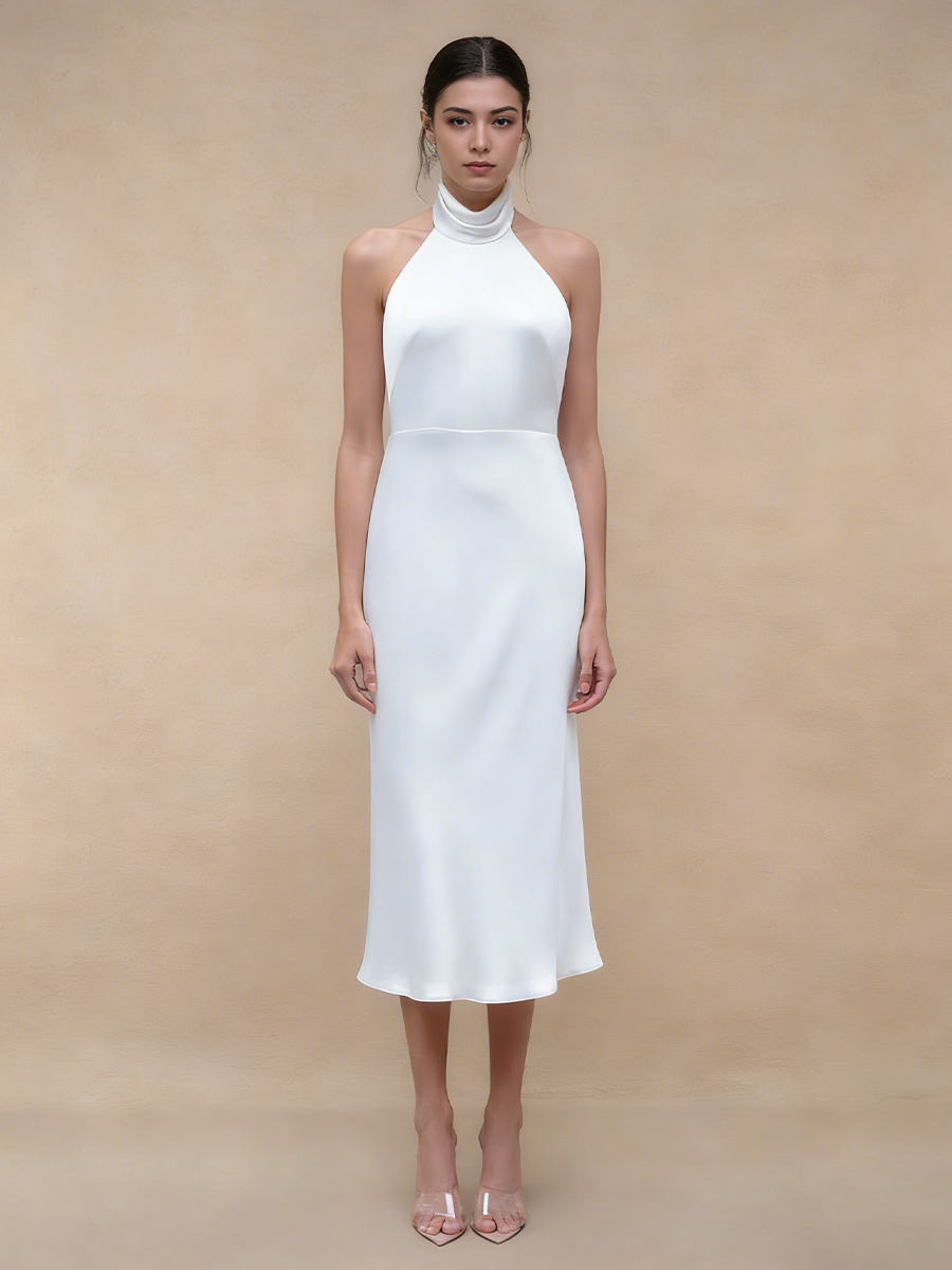 Sheath Halter Satin Midi-Length Formal Cocktail Dress