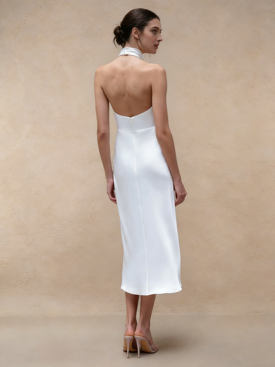 Sheath Halter Satin Midi-Length Formal Cocktail Dress