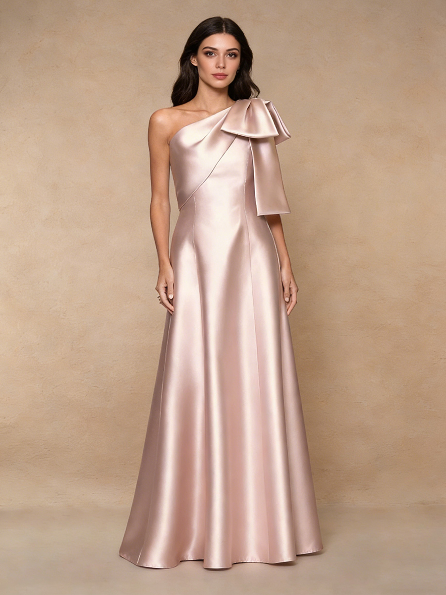 A-Line One-Shoulder Satin Floor-Length Bow Accent Formal Evening Gown