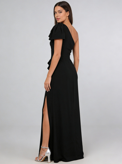 Sheath One-Shoulder Chiffon Floor-Length High Slit Formal Evening Gown