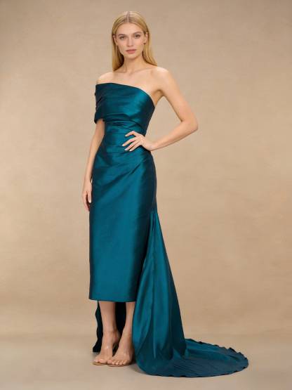 Sheath Strapless Satin Midi-Length Asymmetric Train Formal Evening Gown