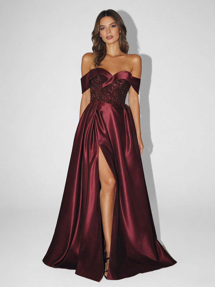 A-Line Off-the-Shoulder Sequin & Satin Floor-Length High Slit Formal Evening Gown