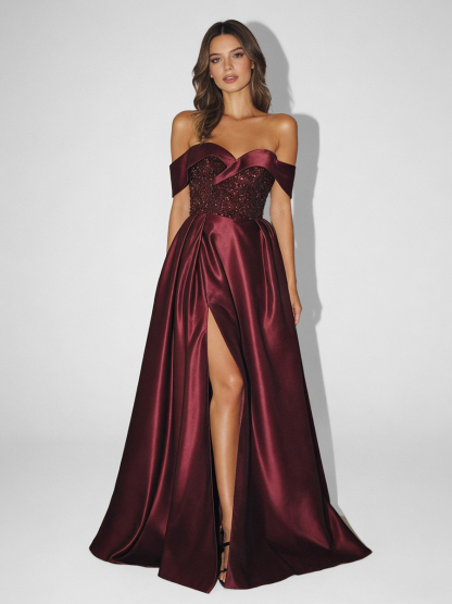 A-Line Off-the-Shoulder Sequin & Satin Floor-Length High Slit Formal Evening Gown