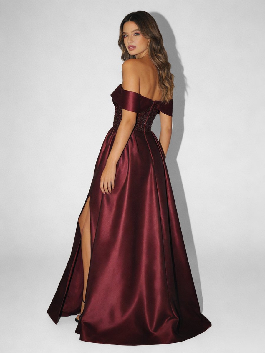 A-Line Off-the-Shoulder Sequin & Satin Floor-Length High Slit Formal Evening Gown
