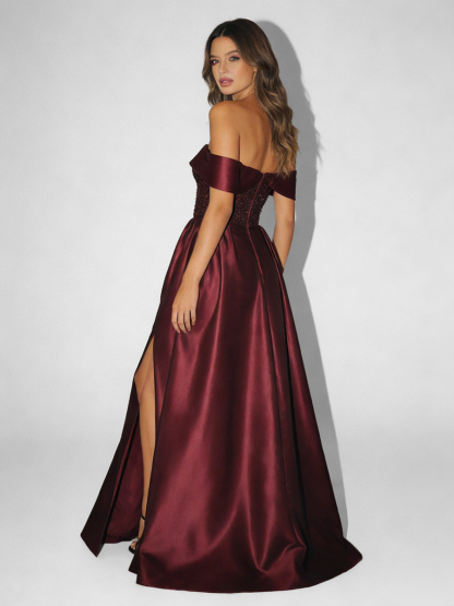 A-Line Off-the-Shoulder Sequin & Satin Floor-Length High Slit Formal Evening Gown