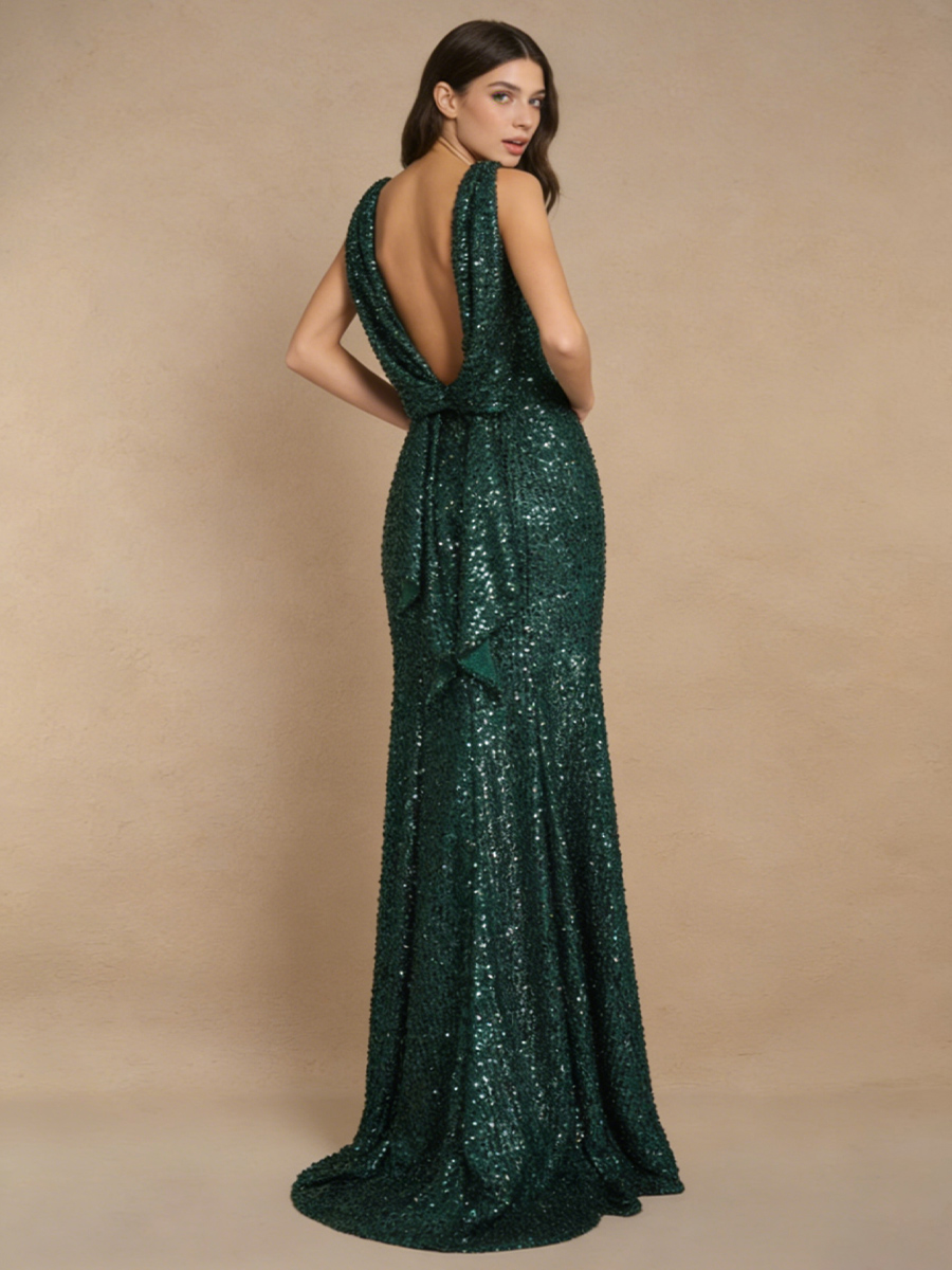 Sheath Crew Neck Sequin Floor-Length Formal Evening Gown