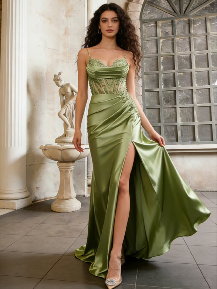 Mermaid Spaghetti Strap Cowl Sweetheart Neck Lace & Satin Floor-Length Dress with Lace Appliqué Bodice & High Side Slit for Prom & Gala Events