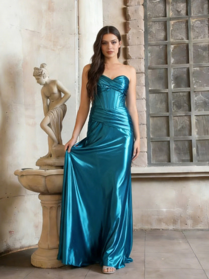 Mermaid Strapless Sweetheart Metallic Satin Floor-Length Dress with Ruched Bodice & Boned Corset Detail for Prom & Gala Events