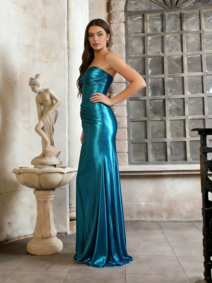 Mermaid Strapless Sweetheart Metallic Satin Floor-Length Dress with Ruched Bodice & Boned Corset Detail for Prom & Gala Events