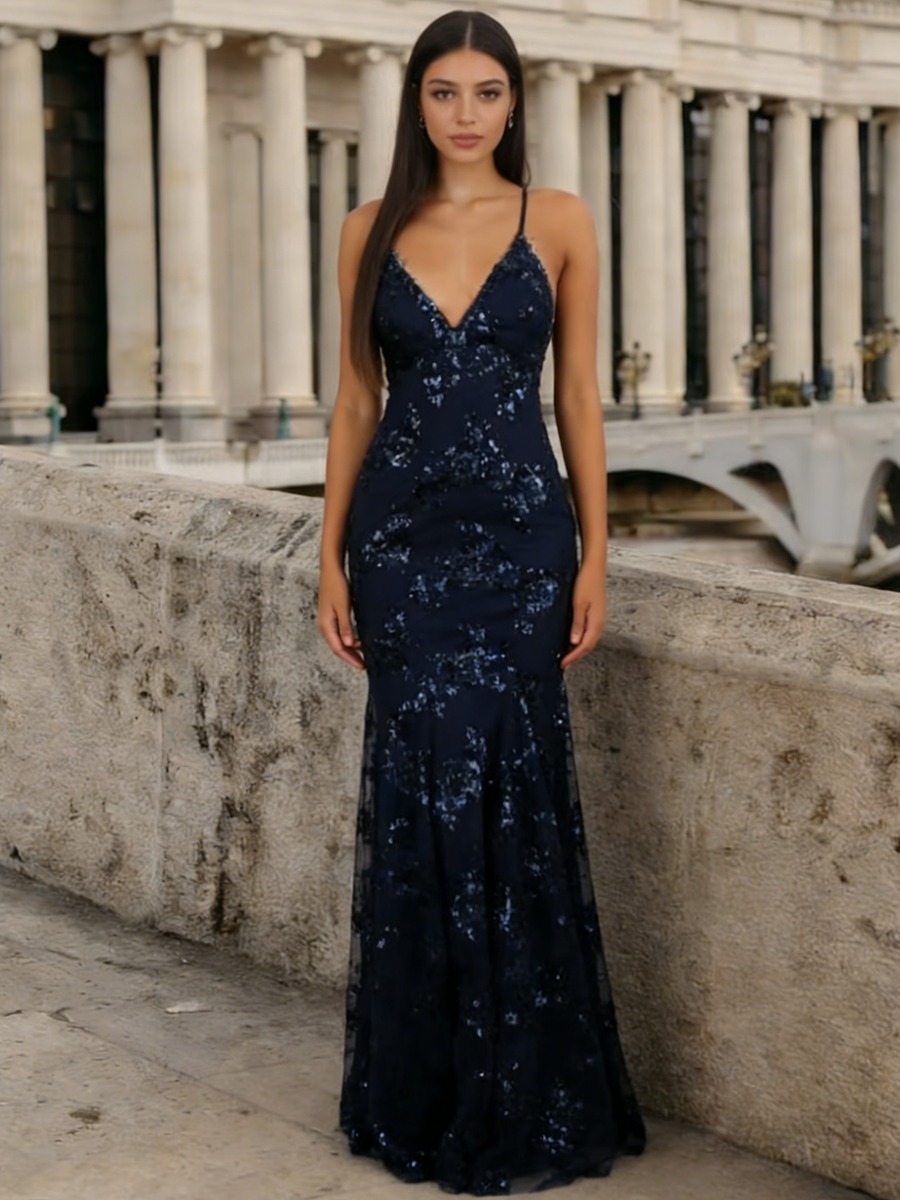 Mermaid Spaghetti Strap V-Neck Sequin Floor-Length Dress with Floral Sequin Appliqué for Formal & Gala Events