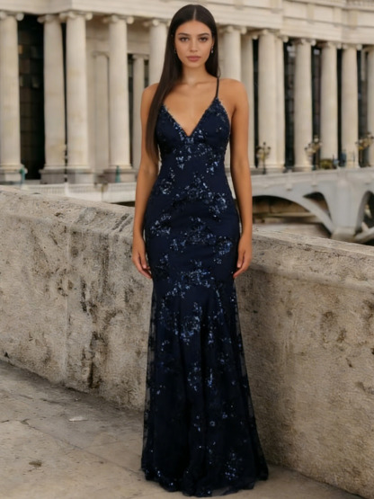 Mermaid Spaghetti Strap V-Neck Sequin Floor-Length Dress with Floral Sequin Appliqué for Formal & Gala Events
