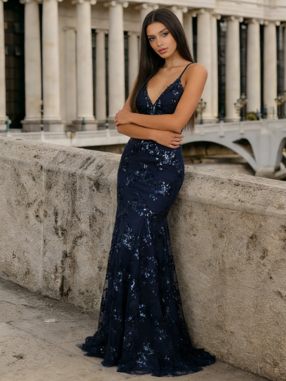 Mermaid Spaghetti Strap V-Neck Sequin Floor-Length Dress with Floral Sequin Appliqué for Formal & Gala Events