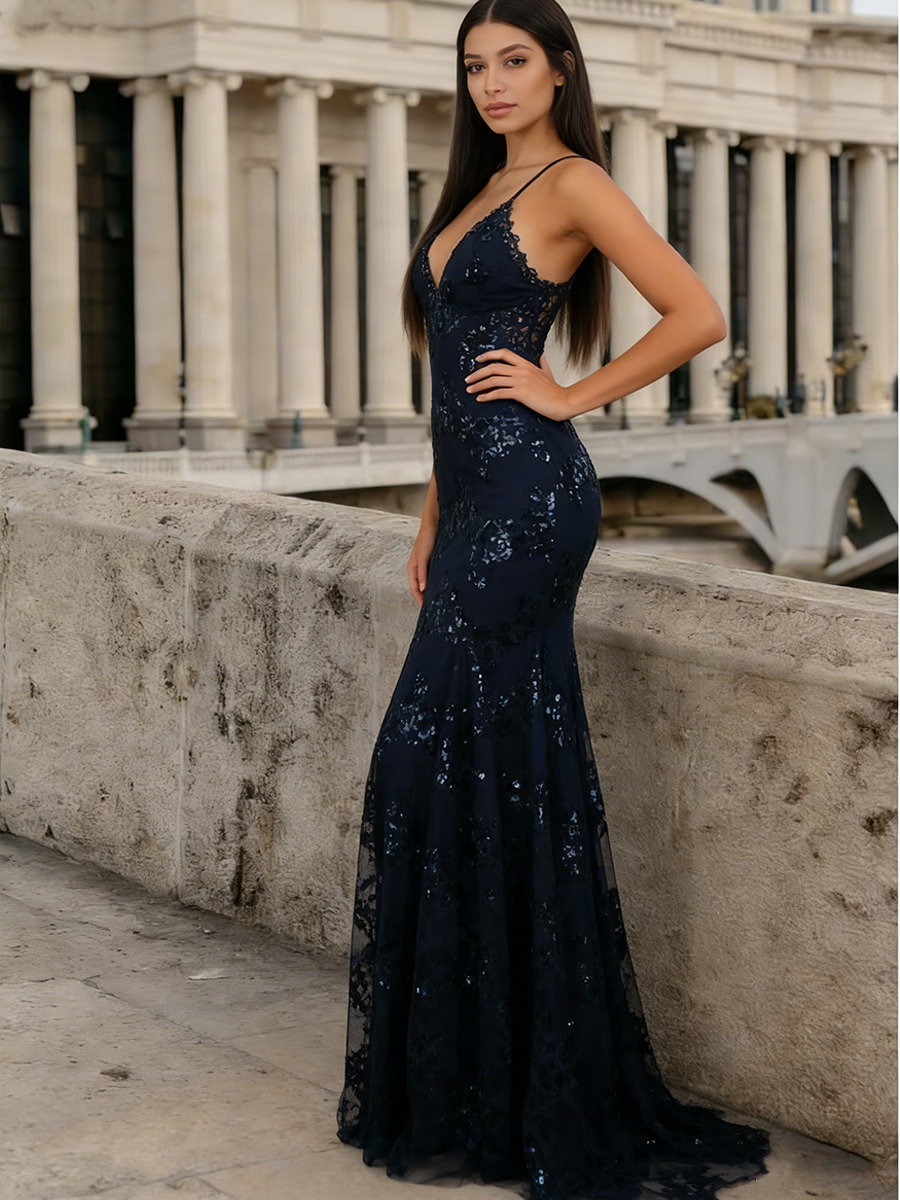 Mermaid Spaghetti Strap V-Neck Sequin Floor-Length Dress with Floral Sequin Appliqué for Formal & Gala Events